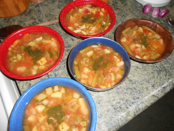The finished soup, dished out and cooling, for five HUNGRY kids!
